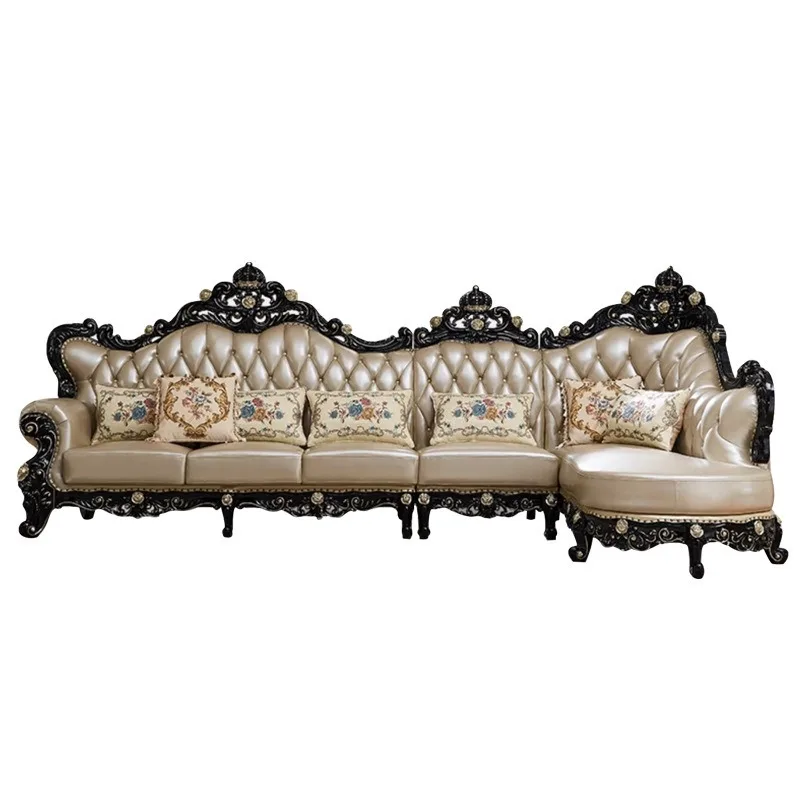 European-style solid wood corner sofa, villa large-sized living room sofa L-shaped household small-sized sofa black sandalwood