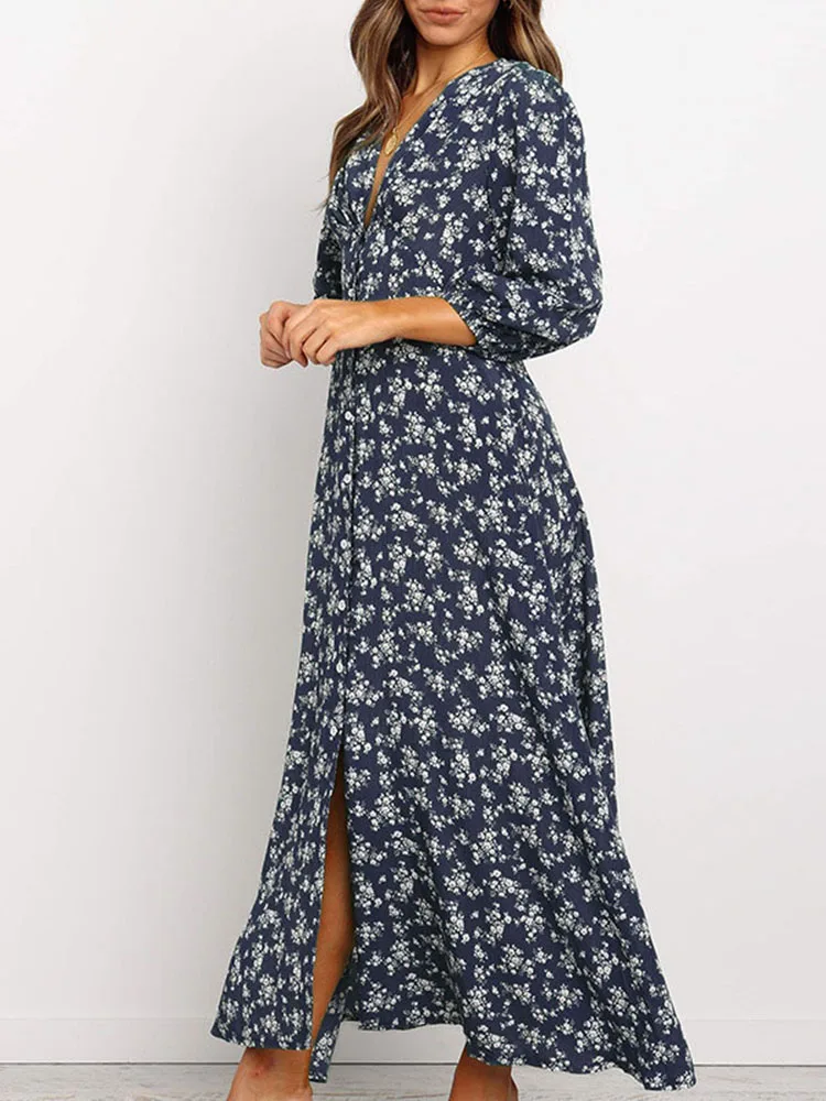 Women Summer Elegant Floral Print Maxi Dress 2022 Boho Three Quarter Sleeve V Neck Casual Office Long Dress Beach Robe Tunic