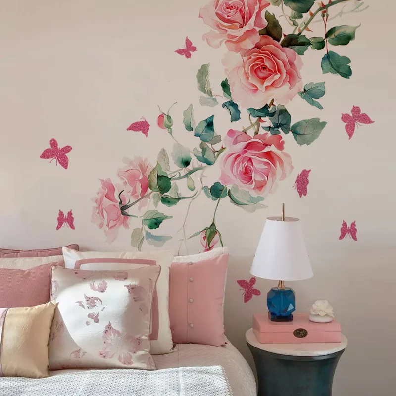 Red Flower Wall Sticker Vine Waterproof Wall Decals Flowers Butterfly Wallpaper Living Room Bedroom Home Decor Kitchen Wall Art