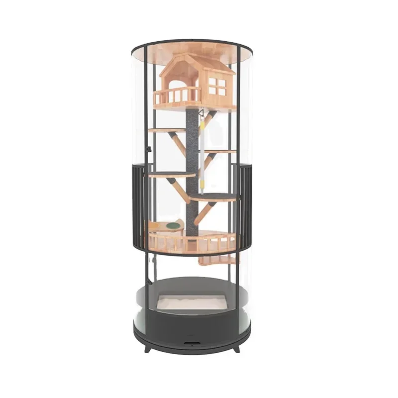 Luxury high quality large wooden cat tree tower house massive cat tree condo with glass cover for kitten