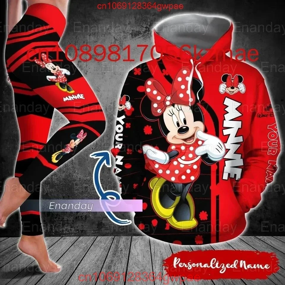 Nome personalizzato gratuito Disney Minnie Mouse Felpa con cappuccio Leggings Tuta Felpa con cappuccio da donna Pantaloni da yoga Pantaloni sportivi Set di tute alla moda