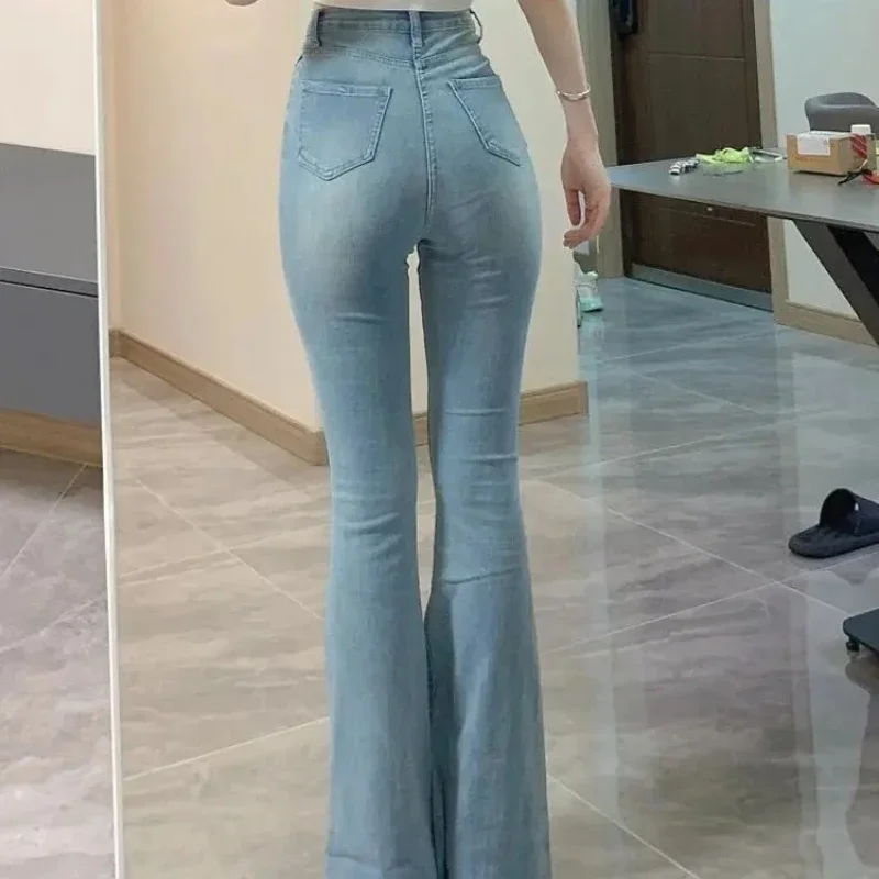 Womens Flared Jeans High Waist Shot Retro New In Bell Bottom Trousers Original Aesthetic Emo Stretch 90s A Denim Pants for Women