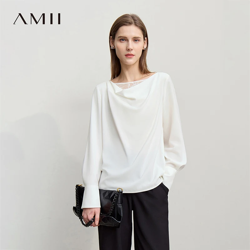 

Amii Women's Blouse 2026 Spring New Commuter Lace Swinging Neck Chiffon Elegant Women's Blouses Loose Long-sleeved Top 12611012