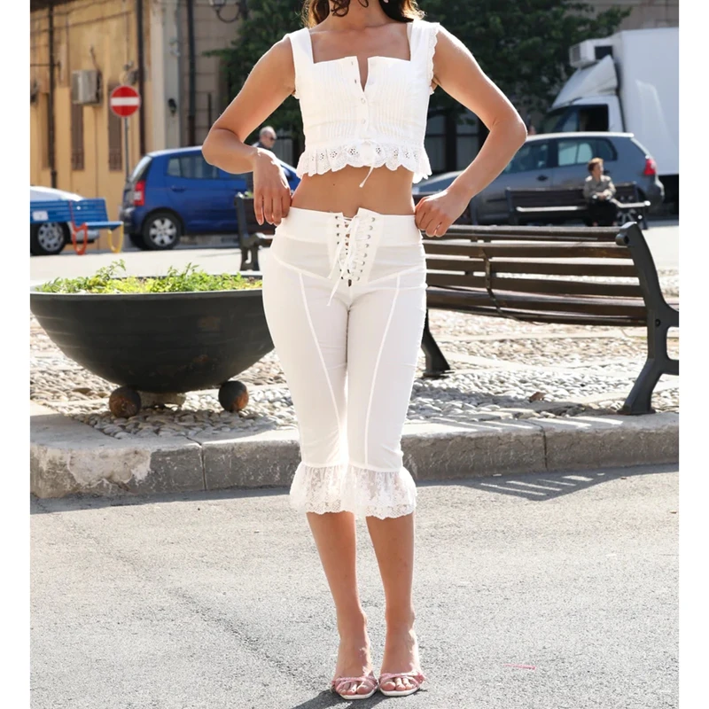 Women's Y2k Capri Pants Front Cross Tie-Up Layered Lace Ruffles Hem Patchwork Cropped Pants Summer Coquette Leggings