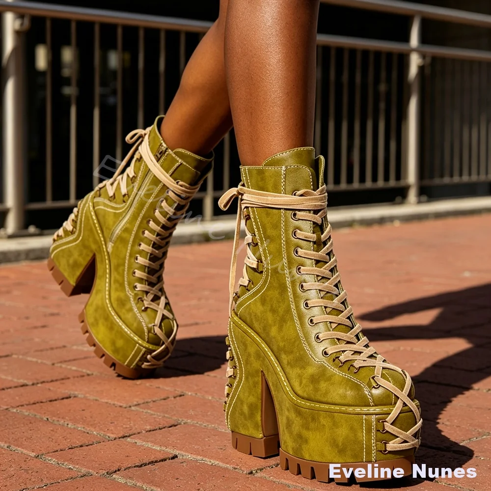 Women Y2K Green Leather Platform Ankle Boots Chunky Heel Lace‑Up Side Zipper Cosplay Boots Goth Punk Rave Party Festival Boots
