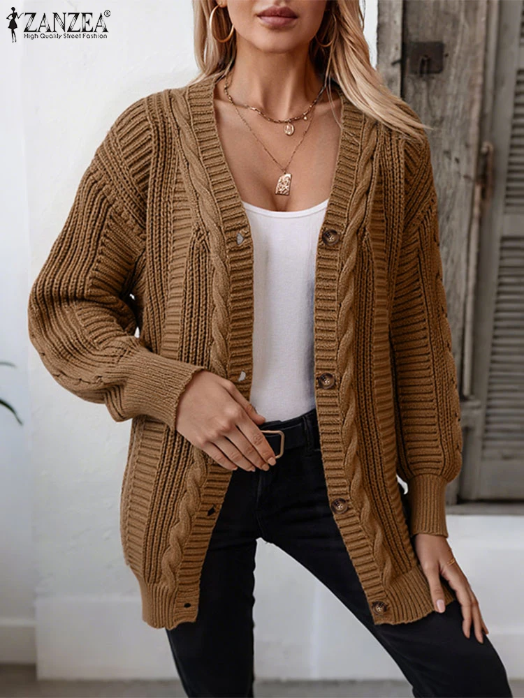 

ZANZEA модные женские свитера, кардиганы, осень 2024, вязаная верхняя одежда, повседневный трикотаж с длинными рукавами, длинный кардиган, зимние джемперы