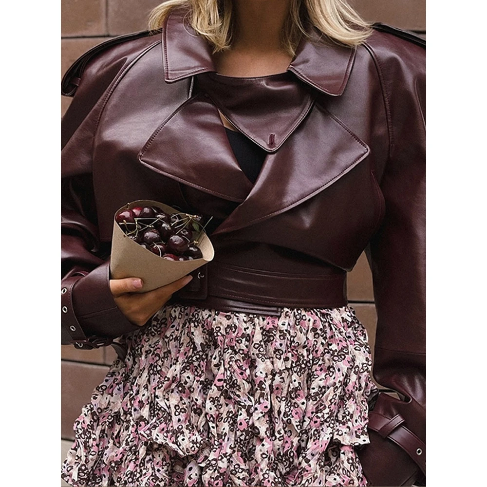 Femmes en cuir PU Jaet vin rouge col rabat manchette réglable moto Sle Long Sve Faionable automne hiver manteau