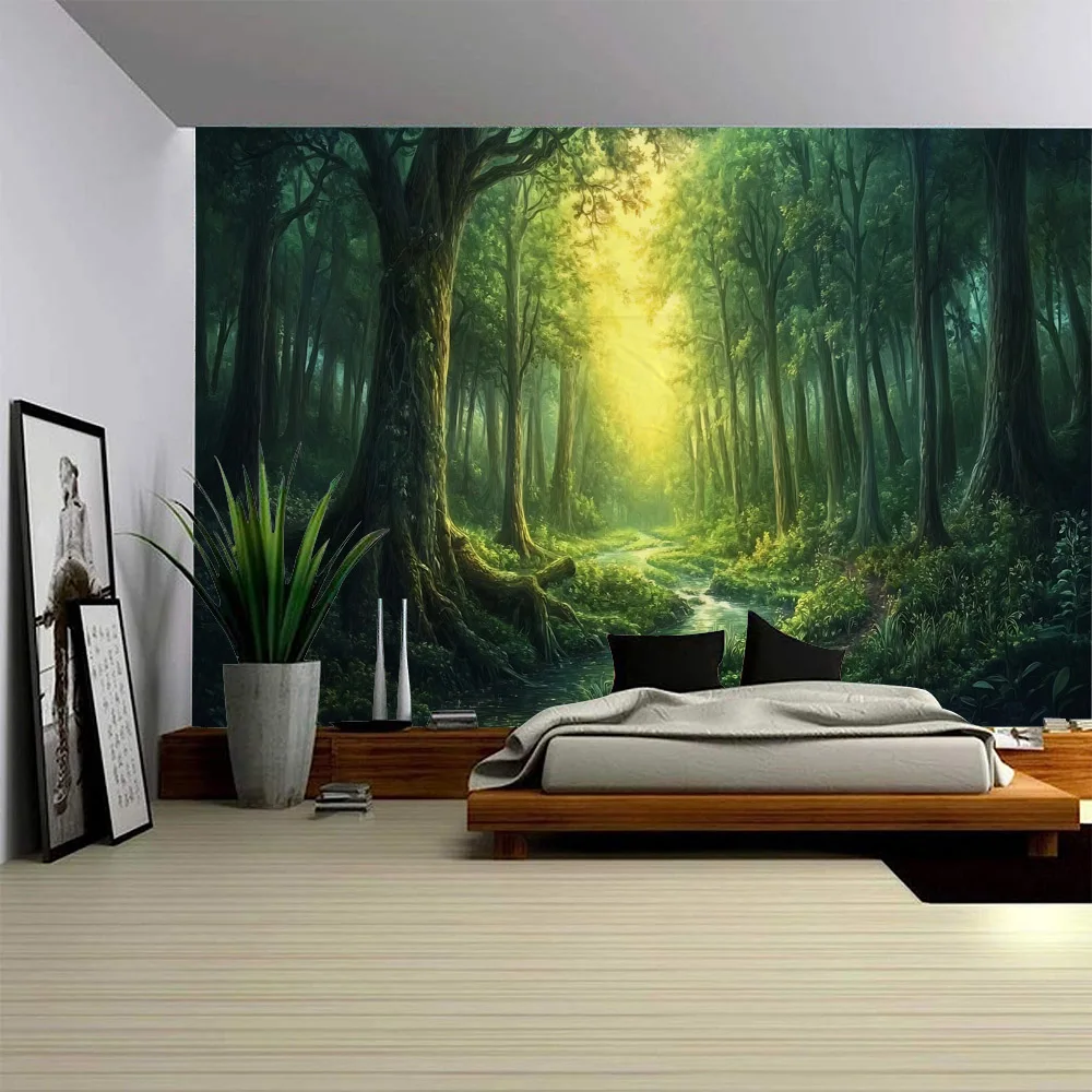Tapiz de cielo de bosque rojo, cascada de jungla, colgante de pared, decoración artística bohemia para el hogar, Mural de tela, póster de fondo