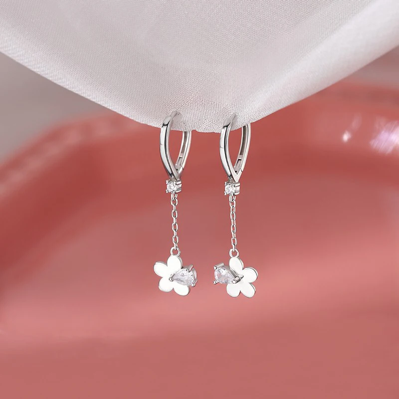 

Real 925 Sterling Silver Sweet Zircon Flower Pendant Geometric Hoop Earrings for Charm Women Cute Fine Jewelry Accessories