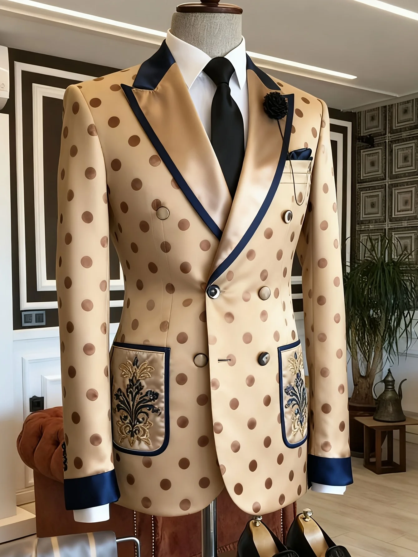 Men's Slim Fit Polka Dot Satin Business Casual Blazer Contrast Peaked Lapel Embroidery Pocket Formal Wedding Party Banquet Stage