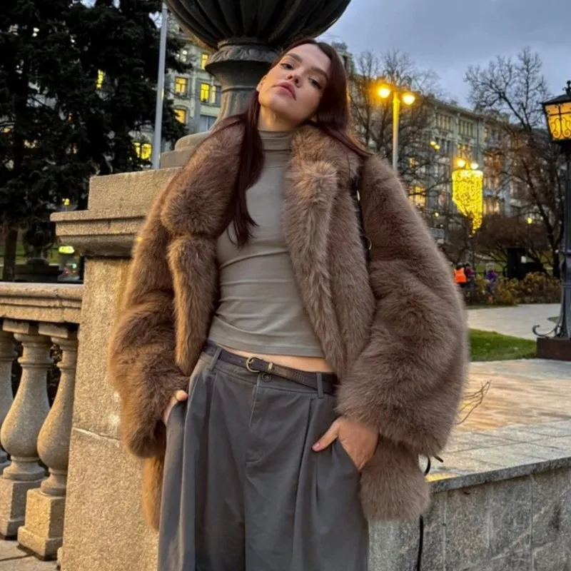 2025 가을 겨울 따뜻한 모피 코트 여성용 슈트 칼라 긴 소매 인조 모피 코트 중간 길이 두꺼운 따뜻한 여우 모피 코트