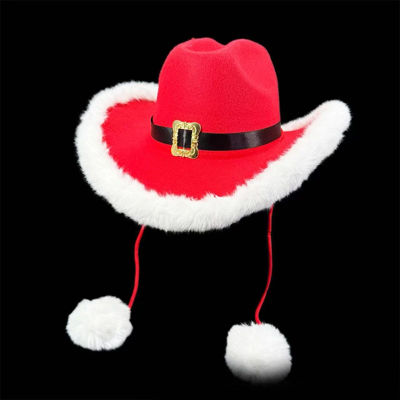 Chapéu de cowboy para festa de natal, acessórios confortáveis para fantasia, aba larga, chapéu de cowgirl, bola de pelúcia, cordas, chapéus ocidentais