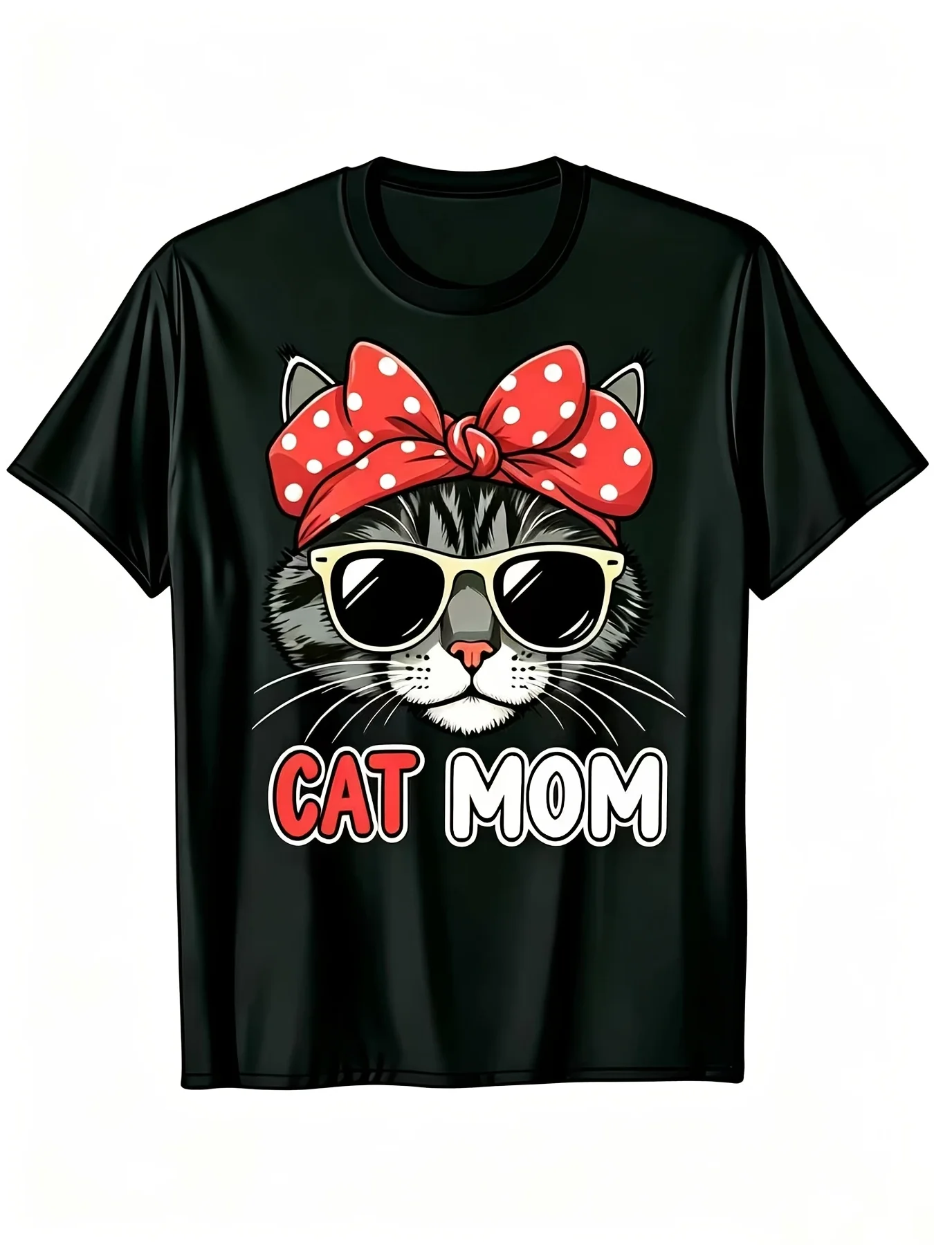 Cat Mom Tshirt | Short-Sleeve Crew Neck Tee With Stylish Cat Graphic, Machine Washable, Durable Material, Black And Var Extra Long, Vintage Style, Suitable For Daily Commuting And Outdoor Activities