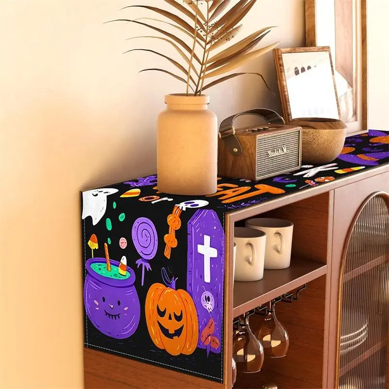 VIKAMA Halloween Table Flag Trick Or Treat Without Candy, Pumpkin Ghost Printed Table Flag, Holiday Table Decoration