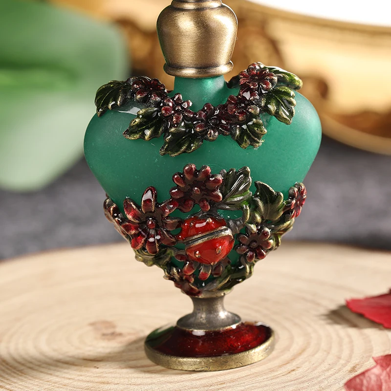 Vintage Glass Perfume Bottles Heart Empty Refillable 5ml Fragrance Containers Retro Frosted Green With Red Flower Leaves Pattern