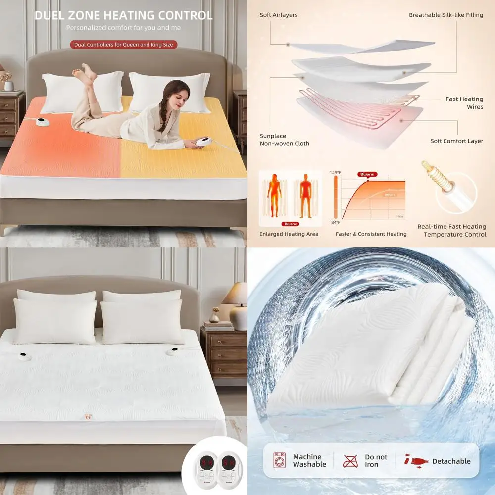 

9-Setting Flower Bed Warmer with 1-12 Hour Auto-Off, Deep Pocket, Machine Washable, White Queen Size