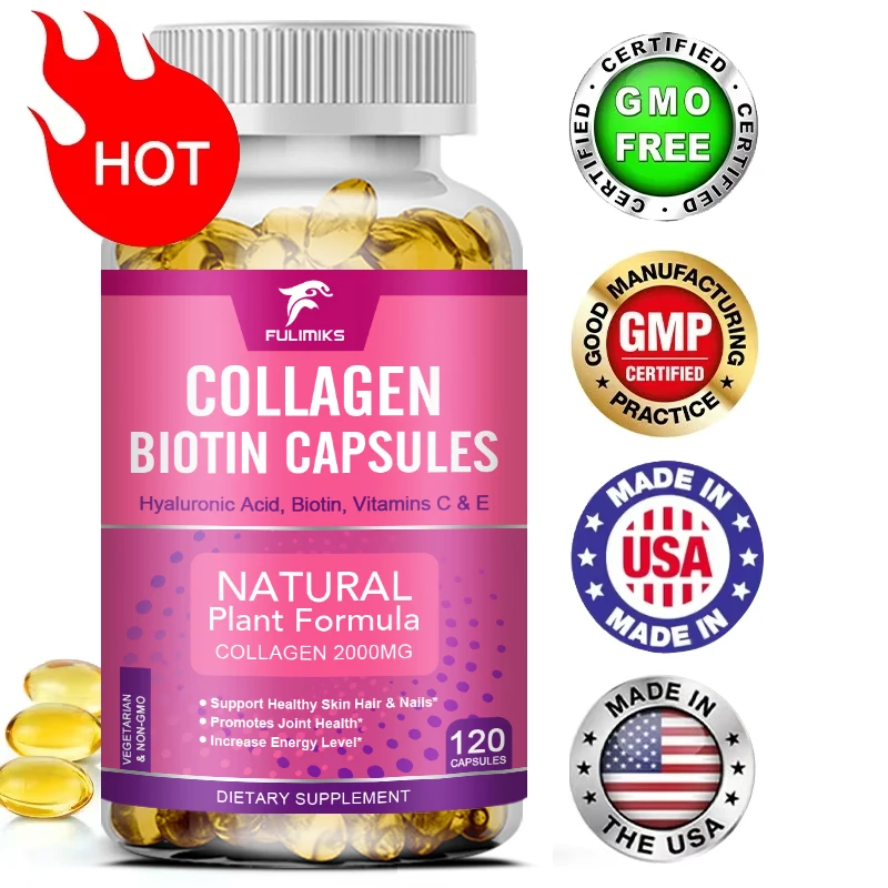 

Коллаген, Биотин, Кератин, Поддержка роста волос, Кожа и ногти — с витаминами C, E и гиалуроновой кислотой, для женщин и мужчин — 120 капсул