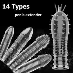 Funda extensora de pene para hombre, condón reutilizable, potenciador de erección, manga de pene, retraso de eyaculación, Juguetes sexuales para hombre, 14 tipos