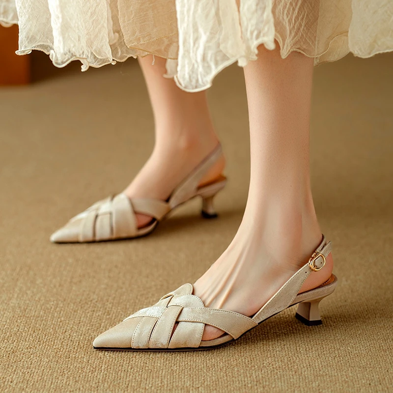 

Women's new summer genuine leather, satin, cowhide, elastic hollow out breathable toe cover, Mueller shoes, fashion sandals
