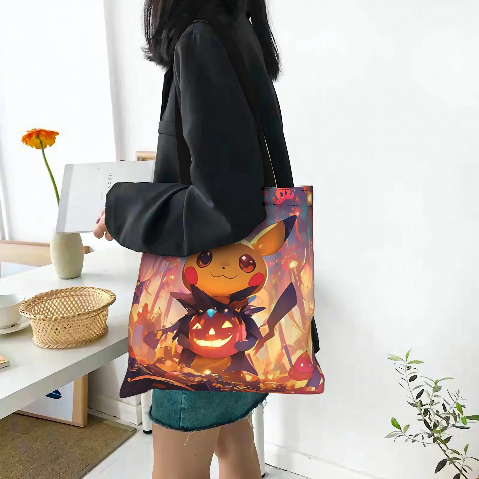 Customized Pokemon Pikachu Pumpkin Halloween Art Print Women's Bag Shopping Bag Reusable Double Sided Canvas Tote Bag Shoulder