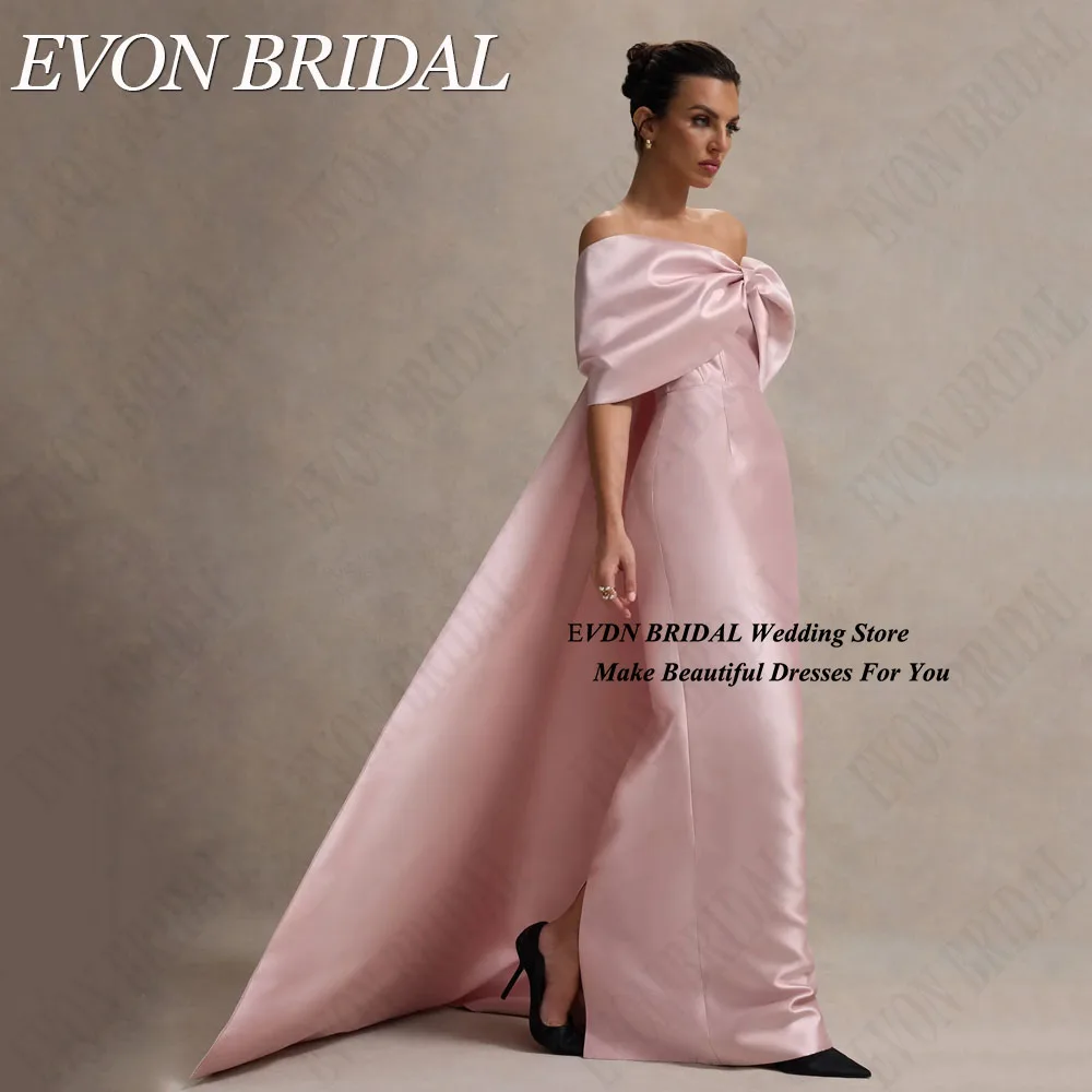 Evon bridal-パーソナライズされたピンクのサテンのイブニングドレス,裸の肩の弓,人魚のドレス,ケープ,背中の開いたドレス ピンクサテンの有名人イブニングドレス肩出しリボンマーメイド舞踏会ドレス開角露背法衣カスタム