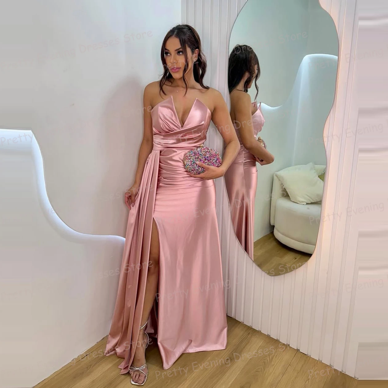 

Simple Pink Evening Dresses Woman's Mermaid Prom Gowns Pleat Satin Split Sleeveless Party Fashion Customized Vestidos De Novia