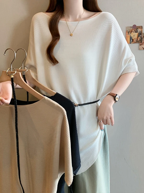 

plus Size Women's Knitted One-Shoulder Loose Batwing Sleeve Top Summer Fashion Slimming Effect Pure Color Korean Style