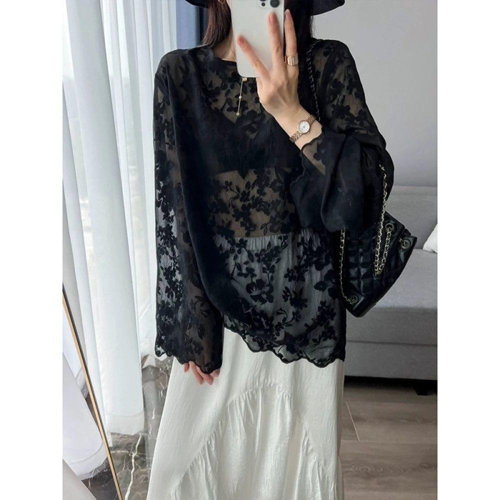 봄 여름 레이스 양산 커버 여성의 섹시 할로우 자수 느슨한 특대 패션 다목적 긴 소매 기본 셔츠상의