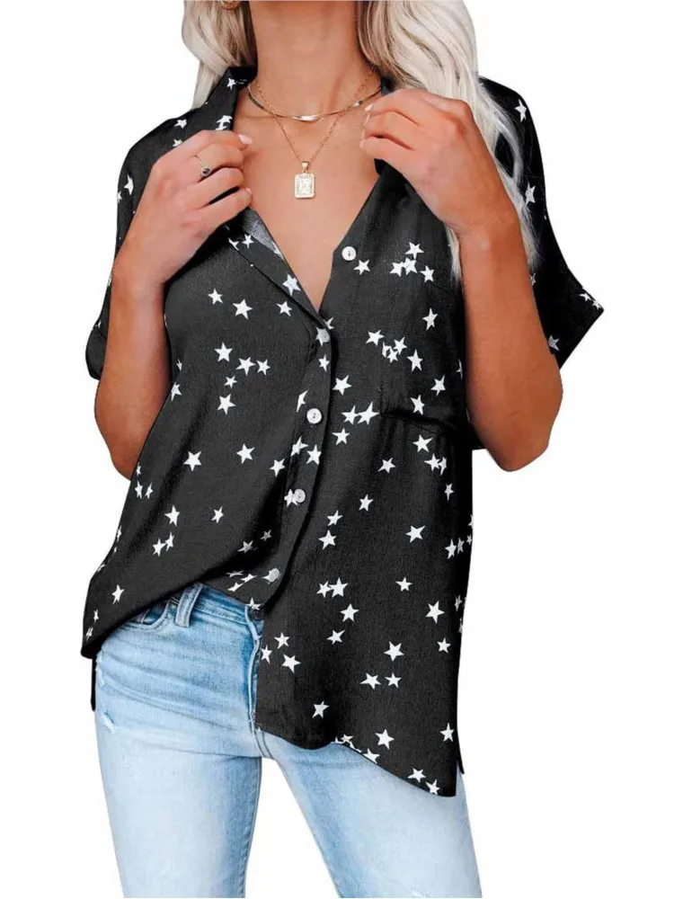 

2025 Summer New Women's Fashionable Casual Fit Shirt Lapel Single-breasted Star Print Loose Short-sleeved Top Females