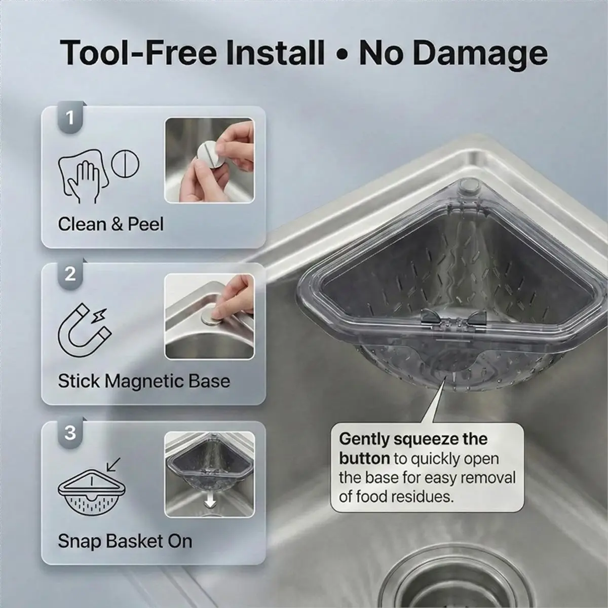 2026 New Magnetic Corner Sink Strainer Basket with Twist-Open Bottom, Triangular Drain Rack for Food Scraps Quick-Rinse Basket