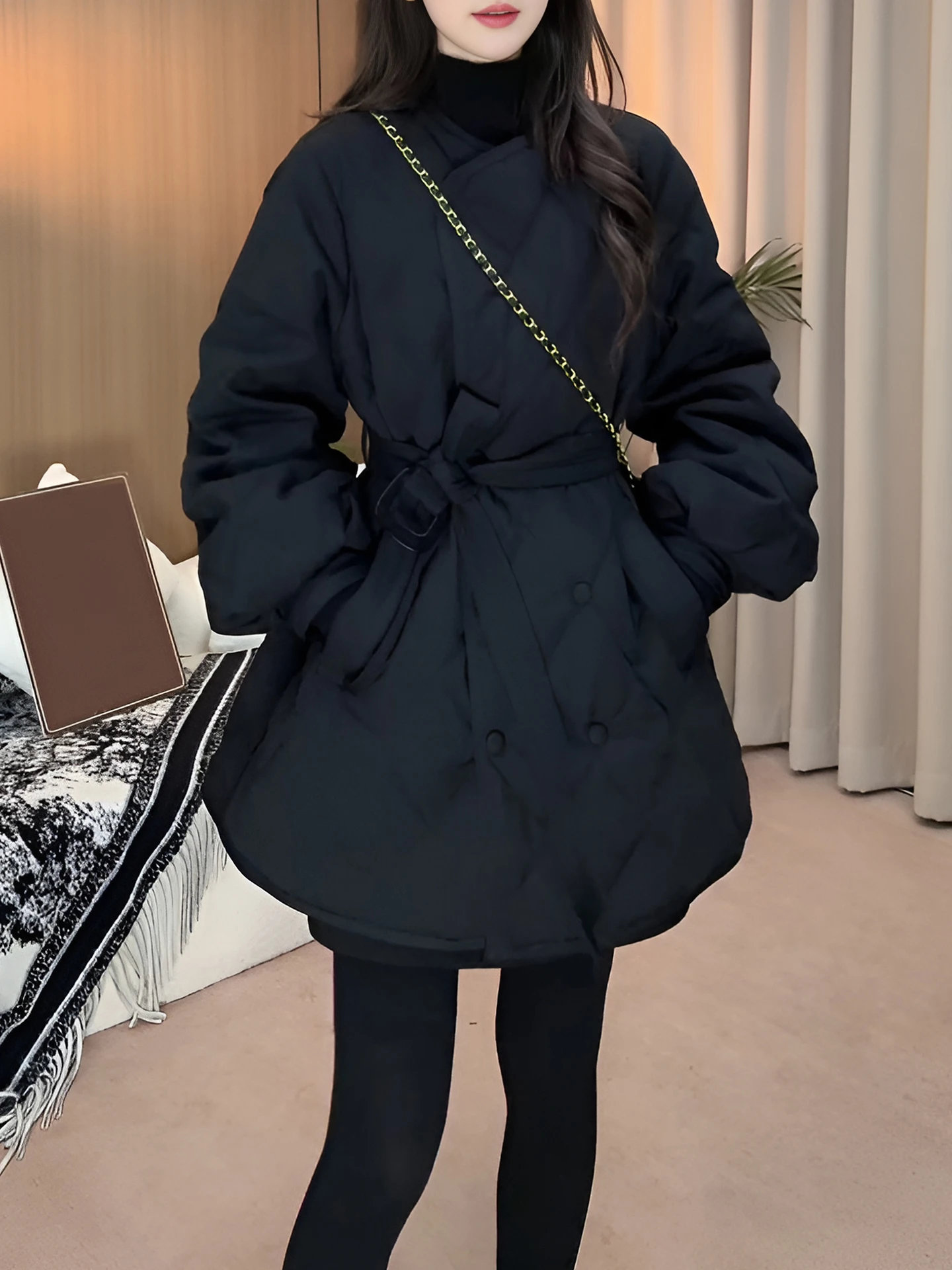 Black Cotton Jacket Women's round Neck Quilted Waist-Cinching Autumn Winter Fashionable Korean Style Long Sleeve Coat