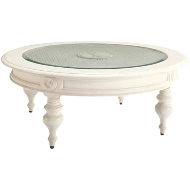 

Handmade rattan tempered glass round coffee table fully equipped with European retro furniture light luxury living room small
