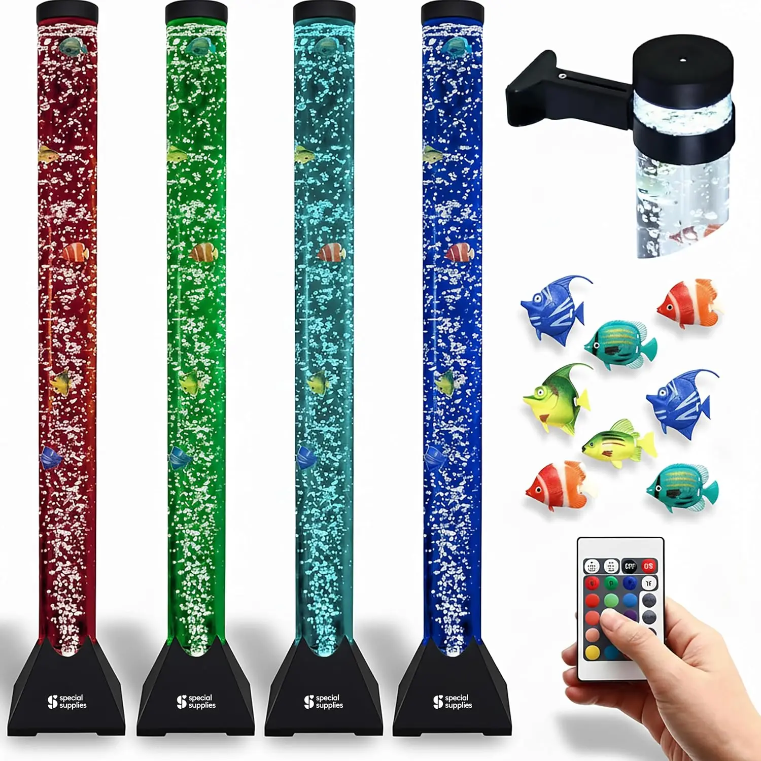 Aquarium Sensory Fish Bubble Light Tube with 16 LED Color Changing Nightlight Effect, Remote Control and Fish Colorful Floor