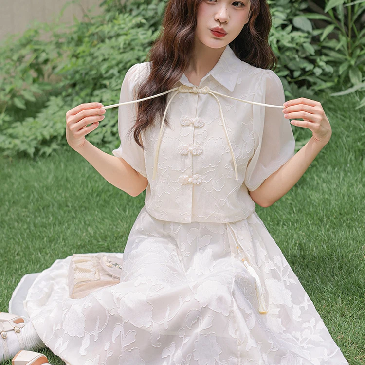 

Gentle Sensation Chiffon Lined Dress with Adjustable Shoulder Straps Back Tied Pendant Chinese Style High Waist A-Line Skirt