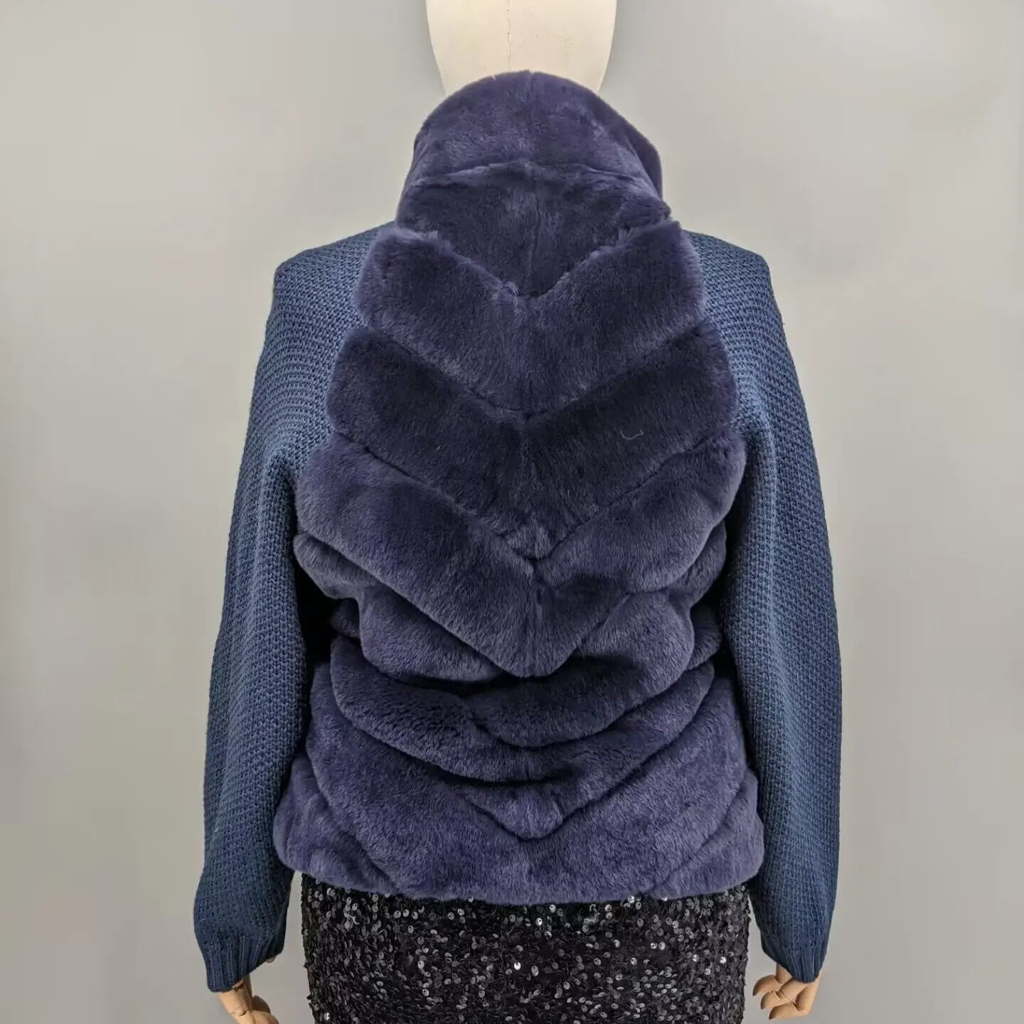 Women Navy Blue Real Chinchilla Rex Rabbit Fur Knitted Sleeve Jacket Stand Collar Zip Up Winter Short Fur Coat Outerwear