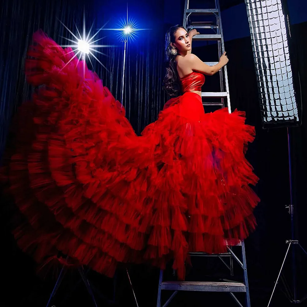 Red Long Tulle Skirts For Women High Waist Tiered Ruffles Puffy Girls Holiday Birthday Skirt For Photo Long Party Wear