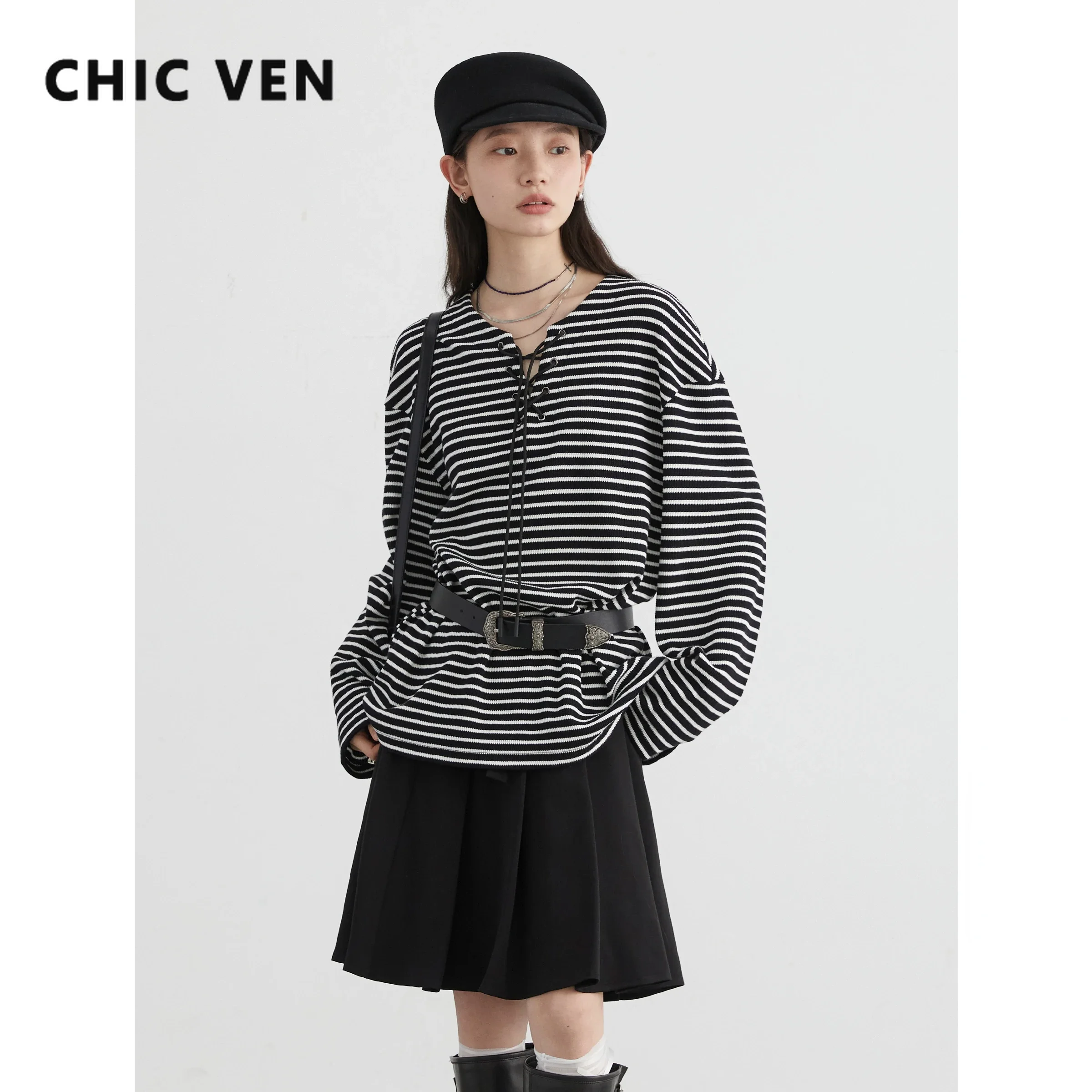 CHIC VEN Women T-Shirts Loose New Contrasting Striped Lace Up Long Sleeved Tees Versatile Casual Female Top Spring Autumn 2024