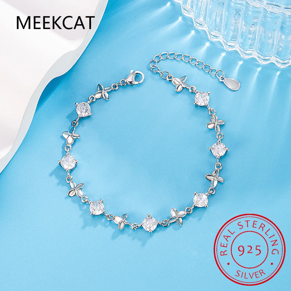 

Браслет из стерлингового серебра 925 пробы с четырьмя когтями, круглый муассанит, браслет с драгоценными камнями для женщин, сверкающий лабораторный бриллиант, браслет Lucky Clover, ювелирные изделия