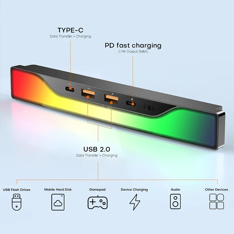 Estación de acoplamiento de 27W, Cargador rápido PD tipo C, derivación de luz LED ambiental RGB, extensión de concentrador USB, instalación de consola central Push-pull