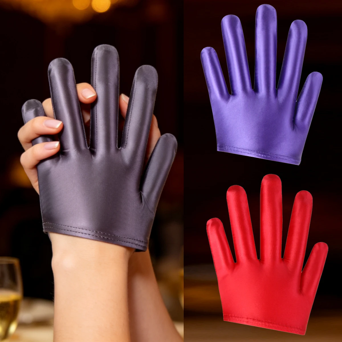 MJINM Unisex Glossy Shiny Satin Smooth High Elastic Breathable Half Palm Fourchettes Gloves Party Club Masquerade Ball Over Size