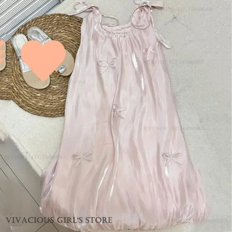 

Summer Pink Sleeveless Nightgown Home Dressing Gown Sweet Cute Yong Women Sleepwear Nightdress Loose Satin Nightie Lounge Wear