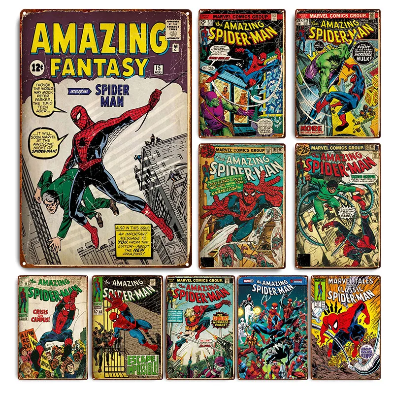 Cubierta de cómic de Marvel Vintage, cartel de hojalata de Metal de Spiderman, Club, Bar, cafetería, pintura artística de pared, decoración de sala de estar