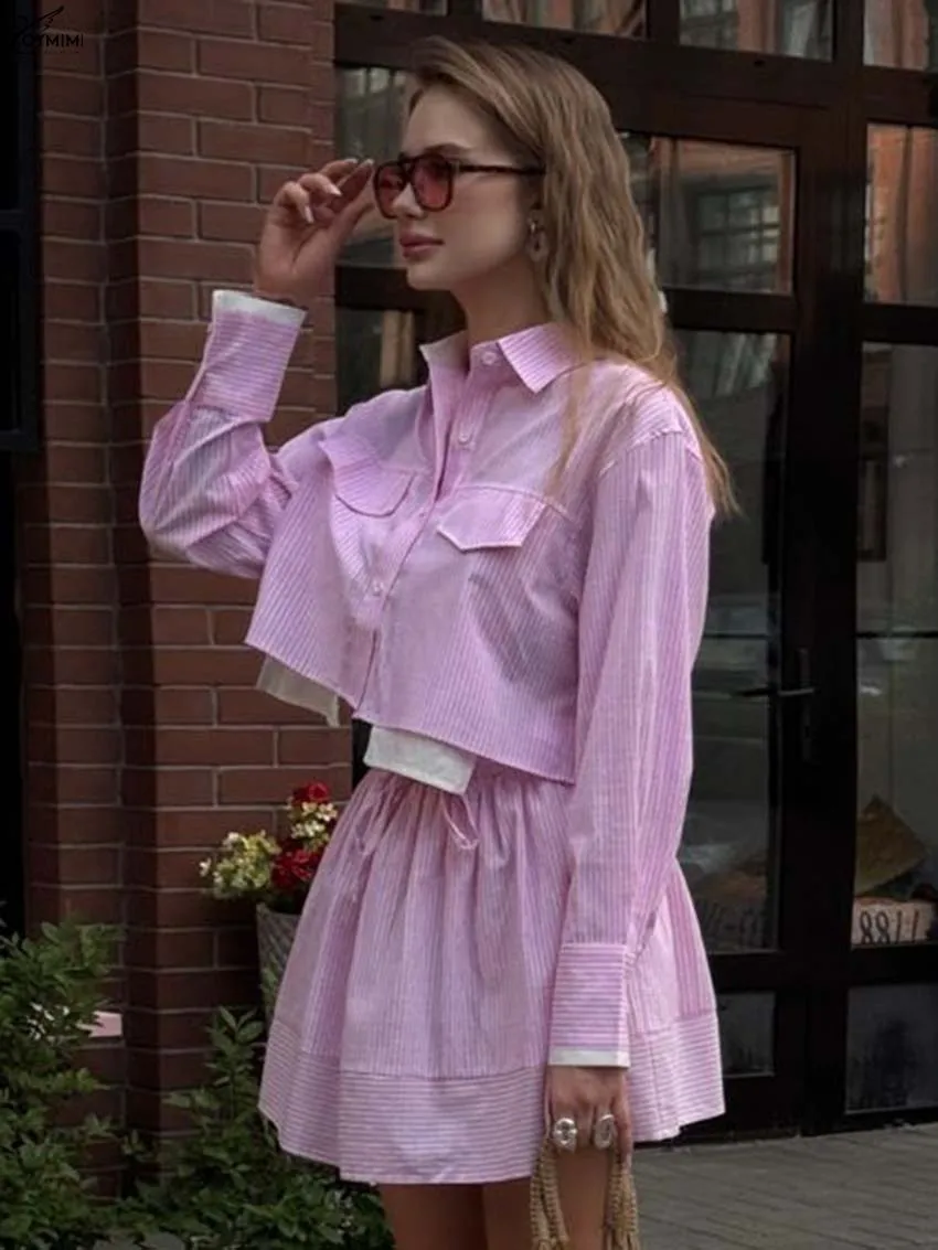 

Oymimi Casual Pink Print 2 Piece Sets Woman Outfits Fashion Long Sleeve Patchwork Pockets Shirts And Drawstring Mini Skirts Set