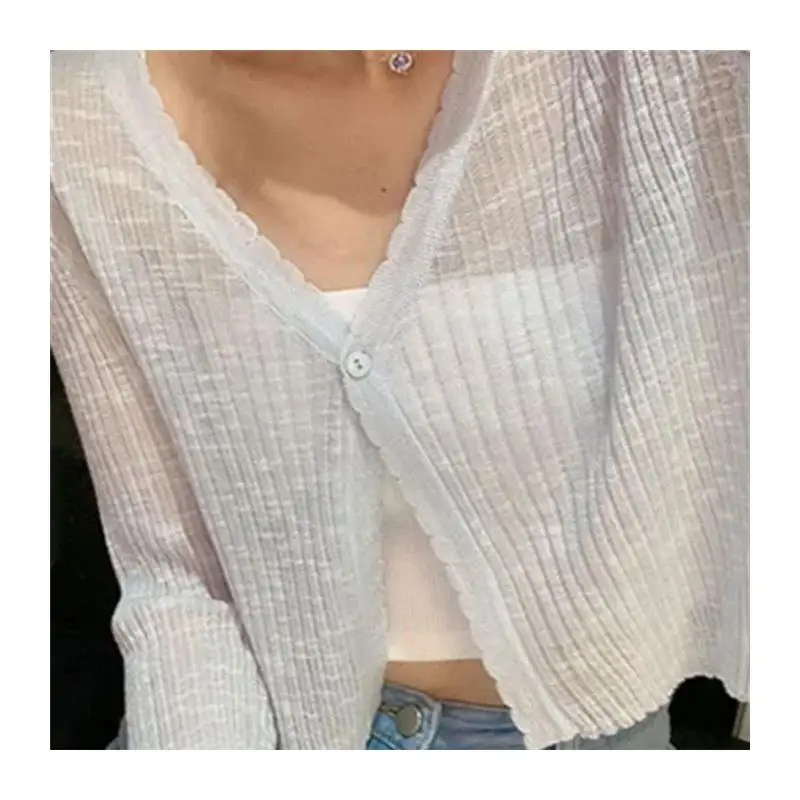 Lightweight Knitted Open Cardigan Women\'s Summer V-Neck Ice Silk Loose Outerwear Sun Protection Short Sleeve Long Sleeve Top