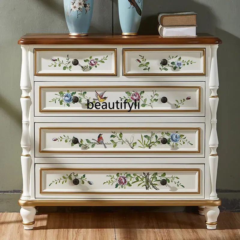 zq Furniture American-Style Chest of Drawers Bedroom   Vintage Painted Locker Storage Cabinet Solid Wood Chest of Drawers