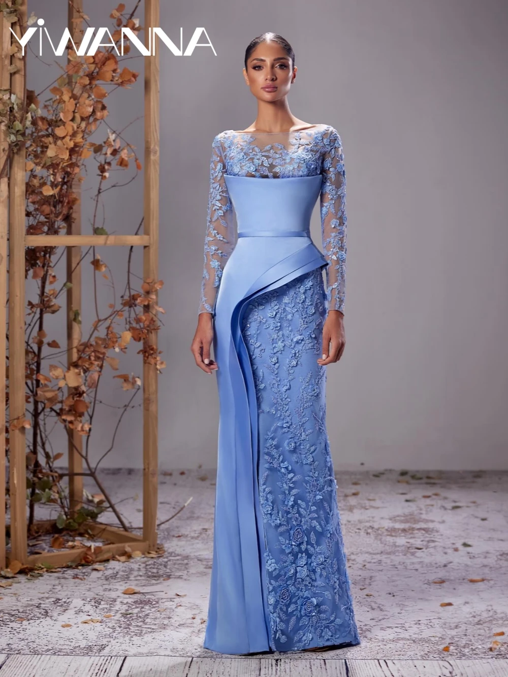 ชุดแม่เจ้าสาวทรงเมอร์เมดประดับลูกปัดสีน้ำเงิน สำหรับงานแต่งงาน คอเรือ แขนยาว ชุดราตรีแบบเรียบหรู สามารถสั่งตัดได้