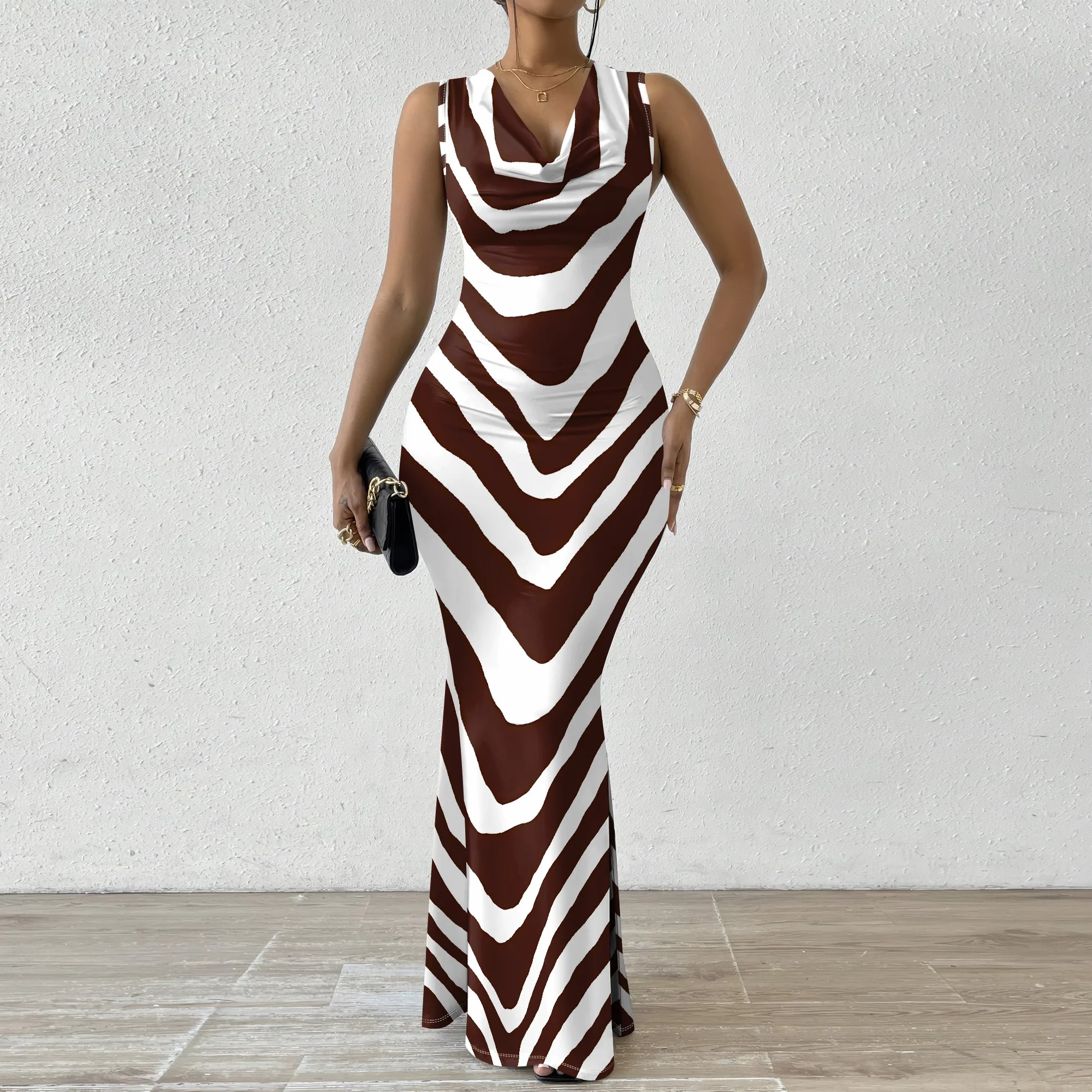 

Stylish Plus Size Brown Zebra Stripe Maxi Dress Sleeveless V Neck Casual Beachwear Party Dress