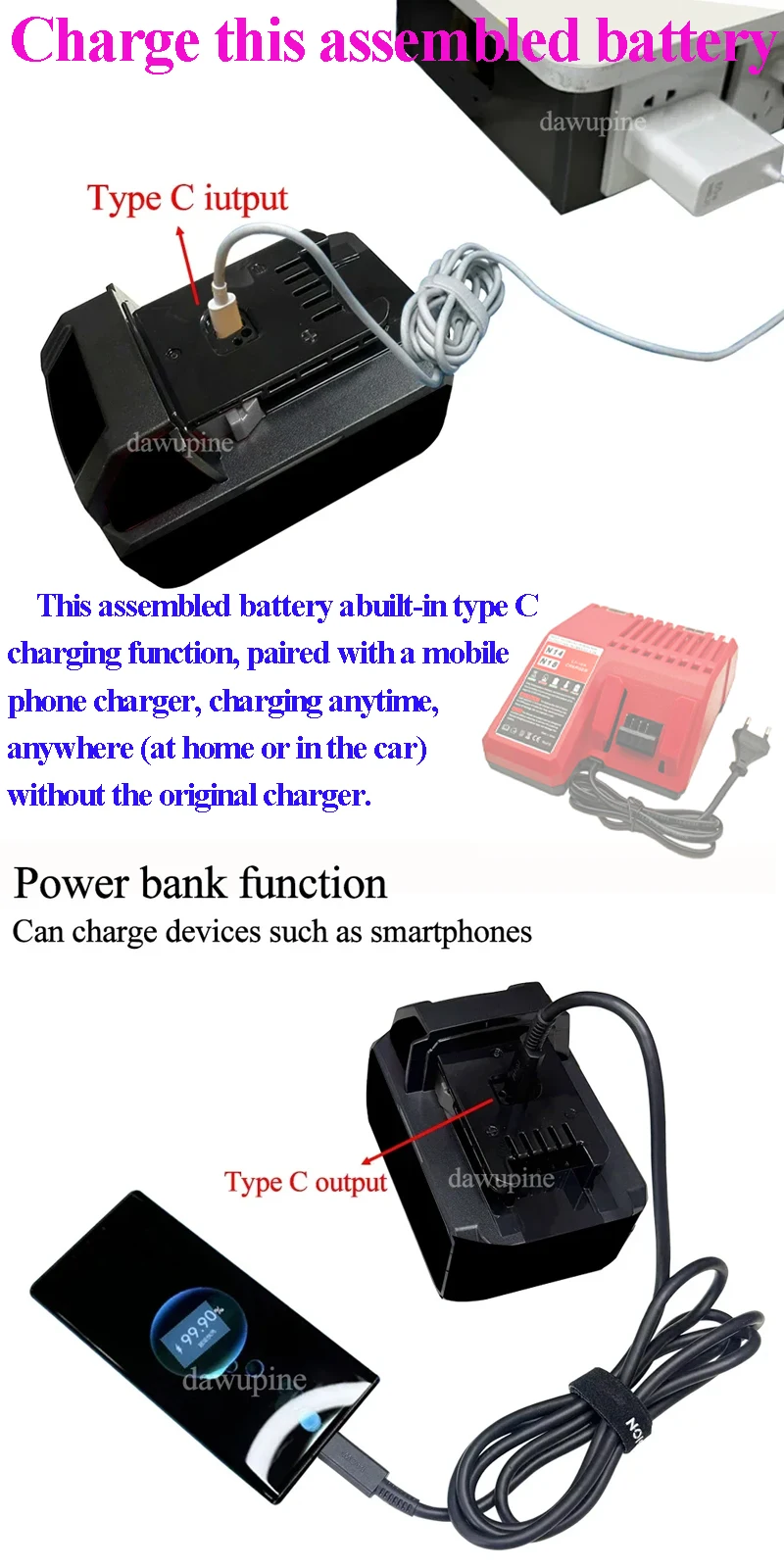 10x18650 علبة البطارية لميلووكي 18 فولت بطارية ليثيوم نوع C قوة البنك شاحن ل M18 العلب PCBA حماية لوحة دوائر كهربائية