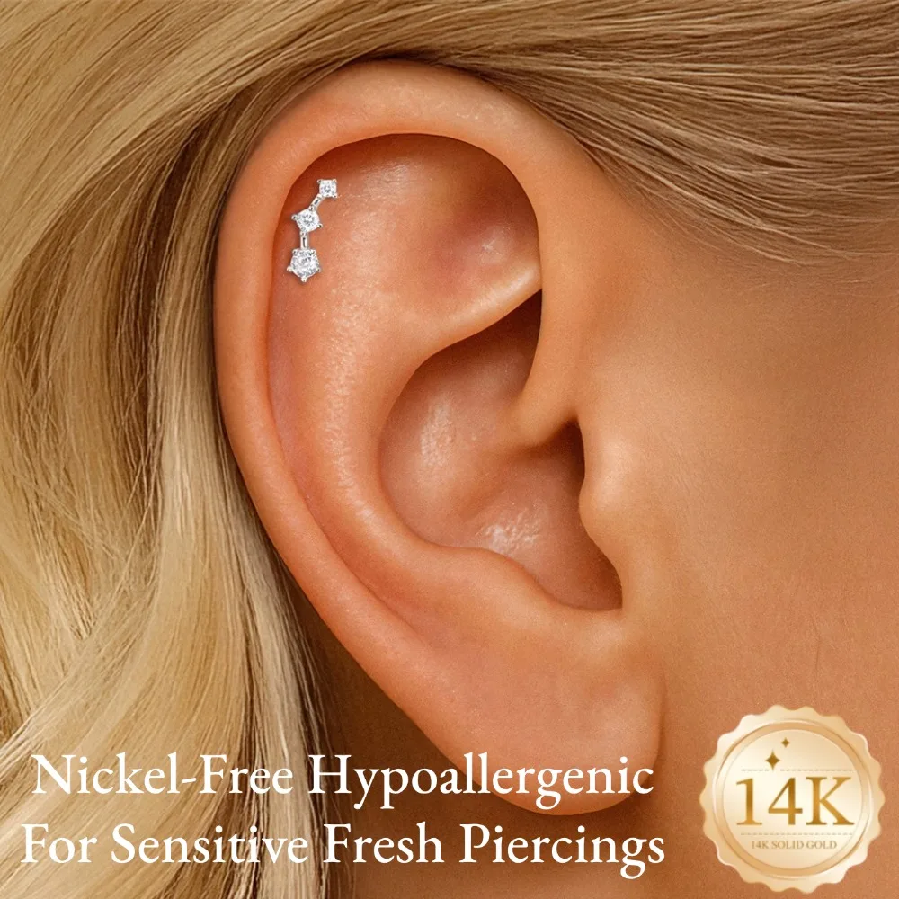 DIeSchein 14K Solid Gold CZ Cartilage Piercing Studs Star Crown Butterfly Flat Back Helix Tragus Piercing Earrings Jewelry Women