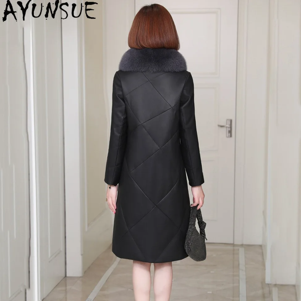 AYUNSUEของแท้หนังแจ็คเก็ตผู้หญิงฤดูหนาวเสื้อผ้า 2025 ยาวSheepskinลงเสื้อสําหรับผู้หญิงFox Fur Collar Jaqueta De Couro